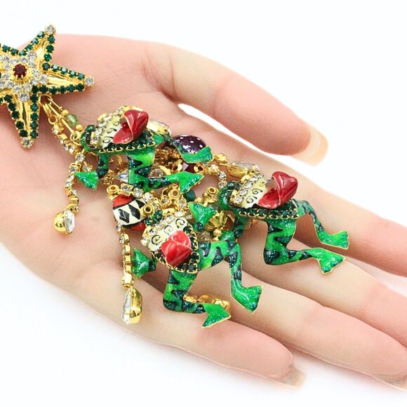 Magnificent Lunch At Ritz Enamel Frog Christmas Tree Holiday Brooch Earrings Se - Picture 2 of 12